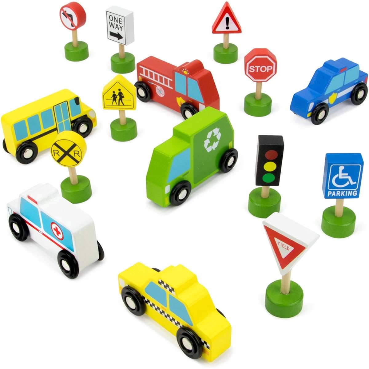 Imagination Generation 15 Piece Busy City Wooden Road Sign & Work Vehicle Playset with Grooved Wooden Storage Box