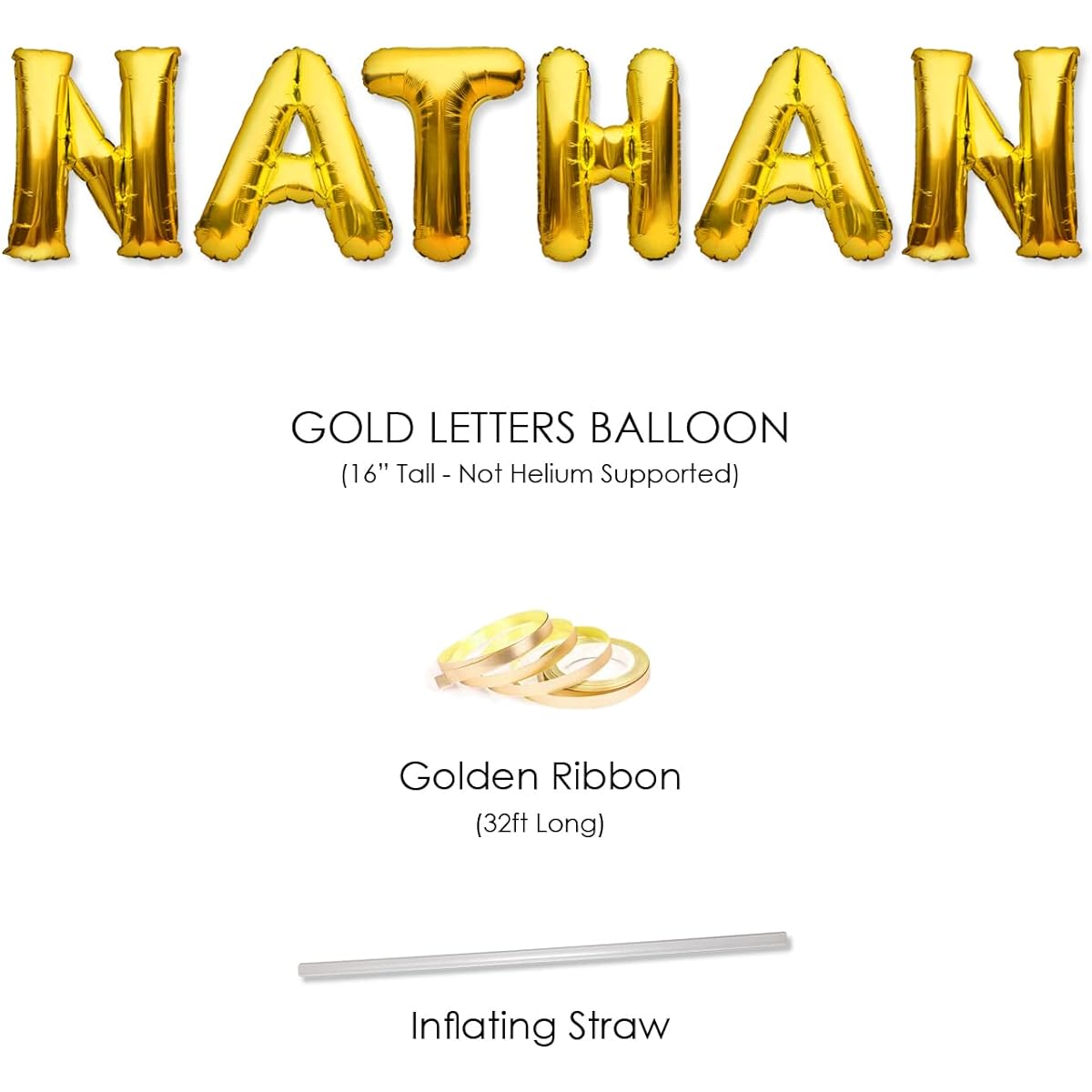 PartyForever NATHAN Balloon Banner Large 16" Gold Foil Balloons Letter Name for Men and Boys Birthday Party Decorations and Wedding Supplies