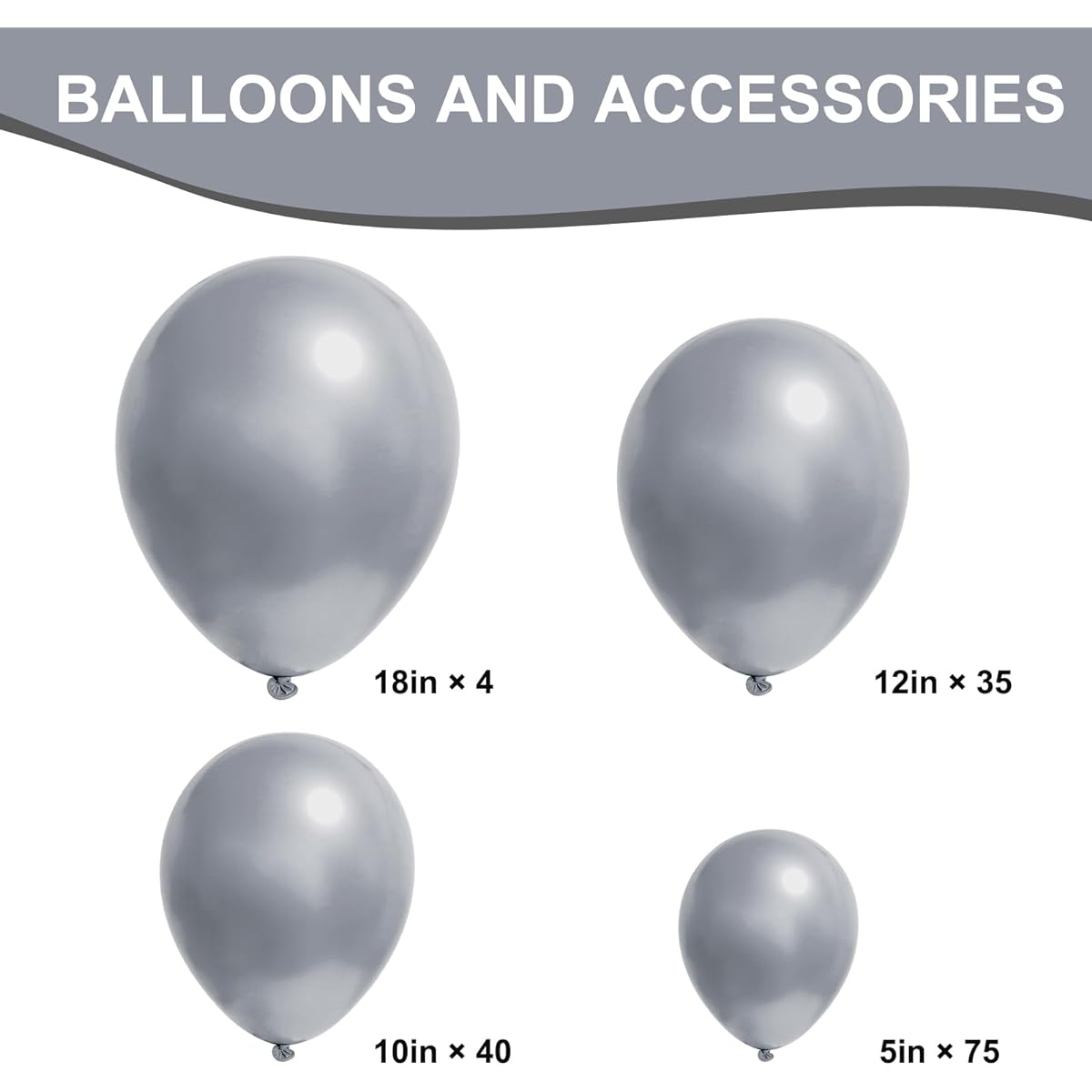 RUBFAC Silver Balloons 154 Pieces Various Sizes 18 12 10 5 Inch for Garland Arch Chrome Metallic Silver Balloons for Birthday Baby Shower Graduation Wedding Anniversary Party Decoration