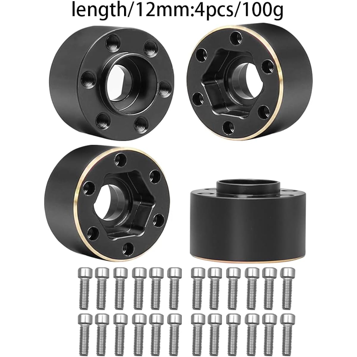12mm Extended Wheel Hex Heavy Brass Adapter for 1/10 RC Crawler SCX10 TRX4 1.9 2.2 Wheel Hub Rim 4 Pack (Black 12mm)