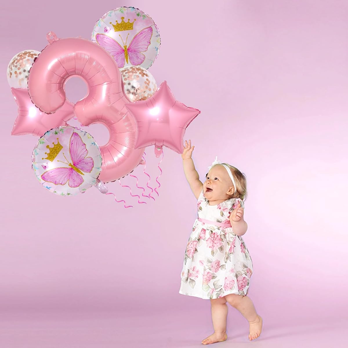 Butterfly Balloons 3rd Birthday Decorations for Girls - 8pcs Pink Butterfly Birthday Party Supplies Number 3 Butterfly Confetti Balloons for Girls Butterfly Birthday Party Pink Fairy Party