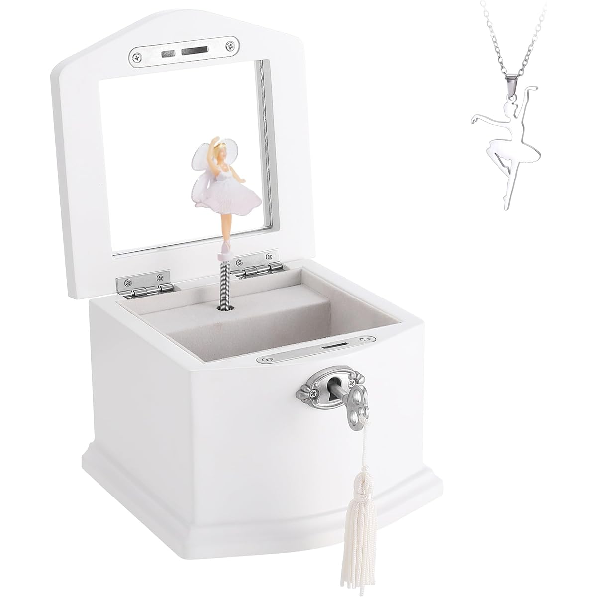 Jozen Gifts Wooden Ballerina White Music Box with Mirror for Girls, Kids Jewelry Storage Music Box