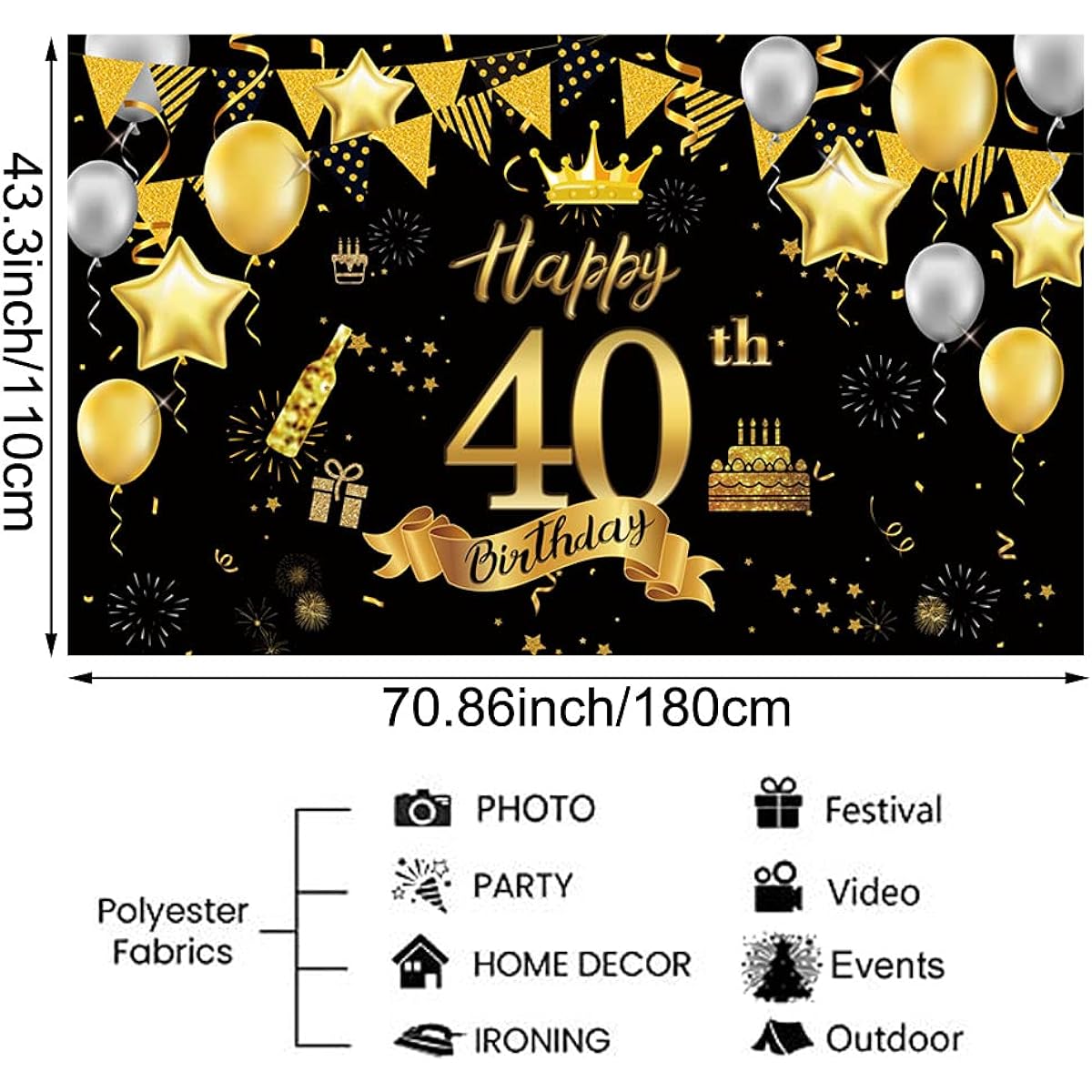40th Birthday Backdrop Banner 40th Birthday Party Decorations Extra Large Black Gold Sign Poster Anniversary Photo Booth Backdrop Banner Birthday Party Supplies