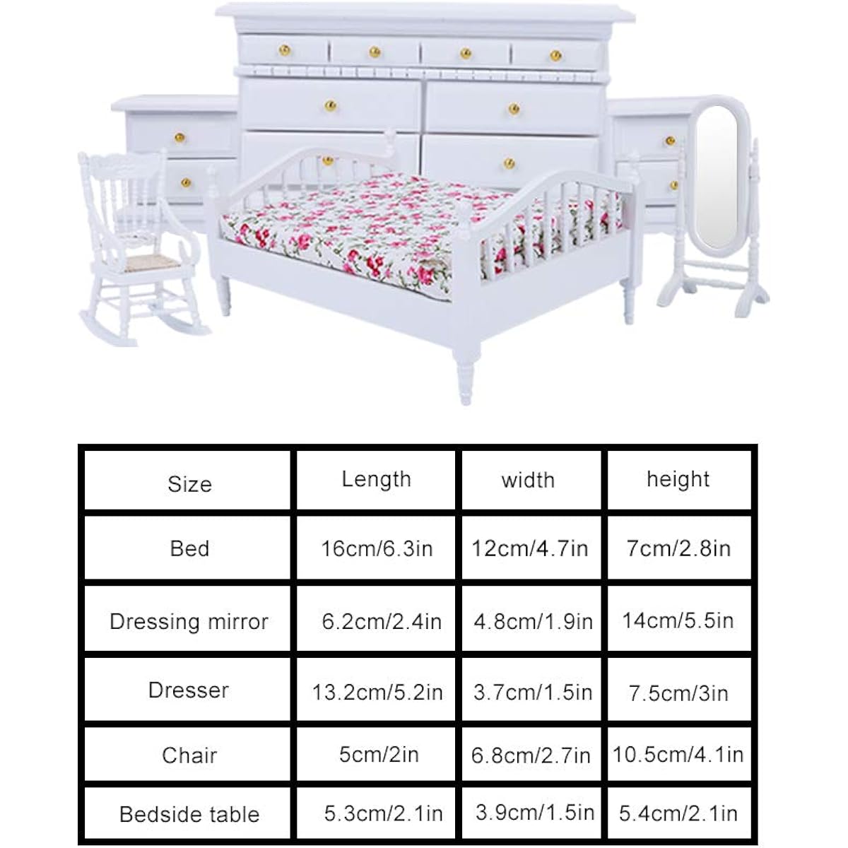 1/12 Scale Dollhouse Furniture 6 Pieces Mini Wooden White Bedroom Furniture Set Gift Toy Home Scenery Decoration Photo Props