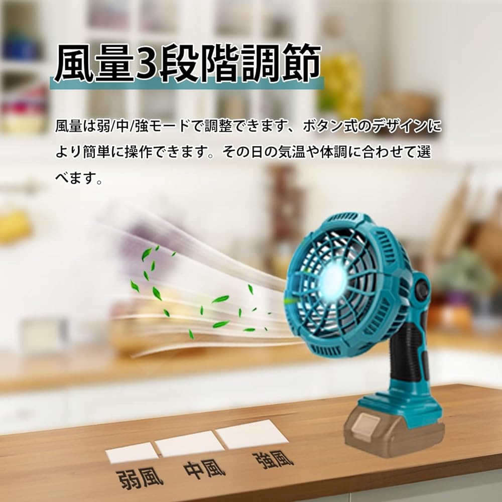 Tabletop Fan, Rechargeable USB Small Fan, Quiet Office Cordless, Mini Fan, Foldable, 3 Levels of Air Flow Adjustment, Oscillating Head, Remote Control with LED Light, Compatible with Makita 14.4/18V Battery, Can be Used at Home/Office/In the Car/Washroom