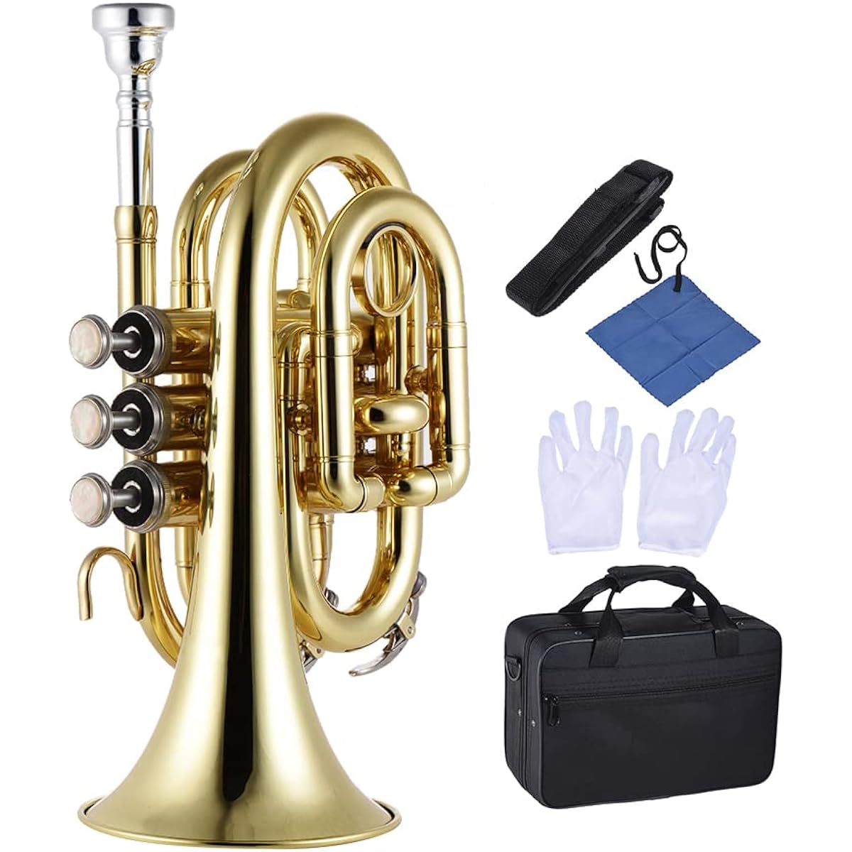Juspins Mini Pocket Trumpet Bb Flat Brass Instrument with Mouthpiece Glove and Cleaning Cloth Carrying Case