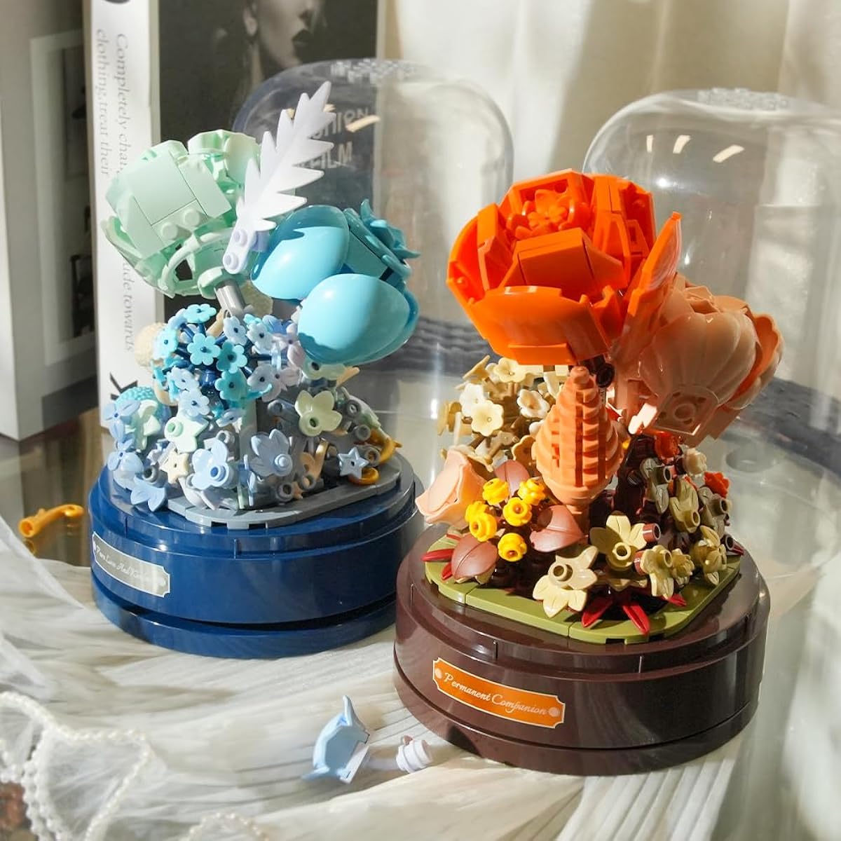 JAKI Music Box Flower Building Set, Blue Rose Building Bricks with Dust Cover, Halloween Home Decoration, Gifts for Mom, Gifts for Girlfriend Lover, Gifts for Wife, Building Toys for Girls Ages 8 9 10 11 12+ (Blue)