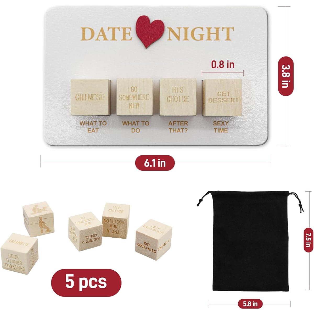 Wooden Date Night Dice Naughty Couple Dice Game for Men Funny Portable Couple Dice Kit for Women Men Husband Girlfriend Boyfriend Valentine's Day Bridal Wedding Shower