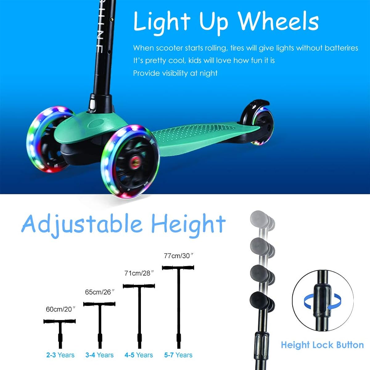 Kids Kick Scooter for Toddlers Boys Girls Age 2-5 Adjustable Height Extra Wide Deck Light Up Wheels Easy to Learn 3 Wheel Scooter