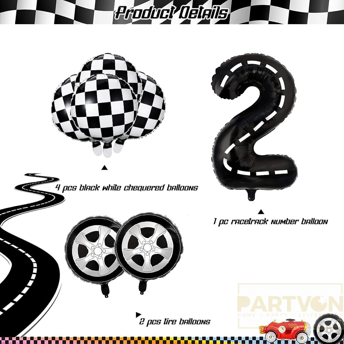 9pcs Race Car Birthday Balloons, Race Track Number Balloons, Checkered Balloons, Tire Balloons for Baby Shower, 2nd Birthday, 2nd Birthday, Race Car Theme Party Decorations Supplies