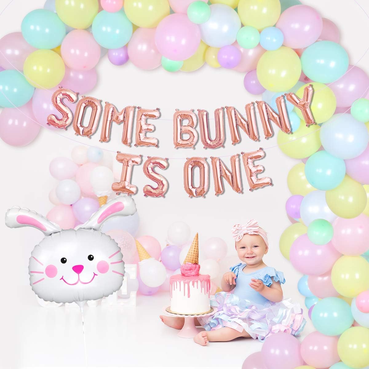 Bunny 1st Birthday Decorations for Girls, Some Bunny Is One Balloon Arch Garland Kit Bunny Theme Some Bunny Is One Birthday Party Supplies Pastel Macaron Balloons Rabbit Foil Balloons