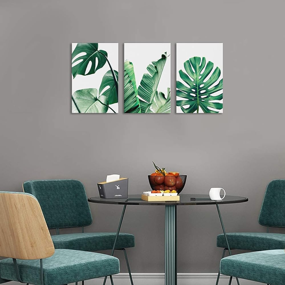 Art Panel Green Leaves Plant Painting Green Plant Decoration Landscape Photo Feng Shui Entrance Good Luck Feng Shui Painting Good Luck Painting Bath Painting Finished Product with Wooden Frame (40x60cmx3Pcs)