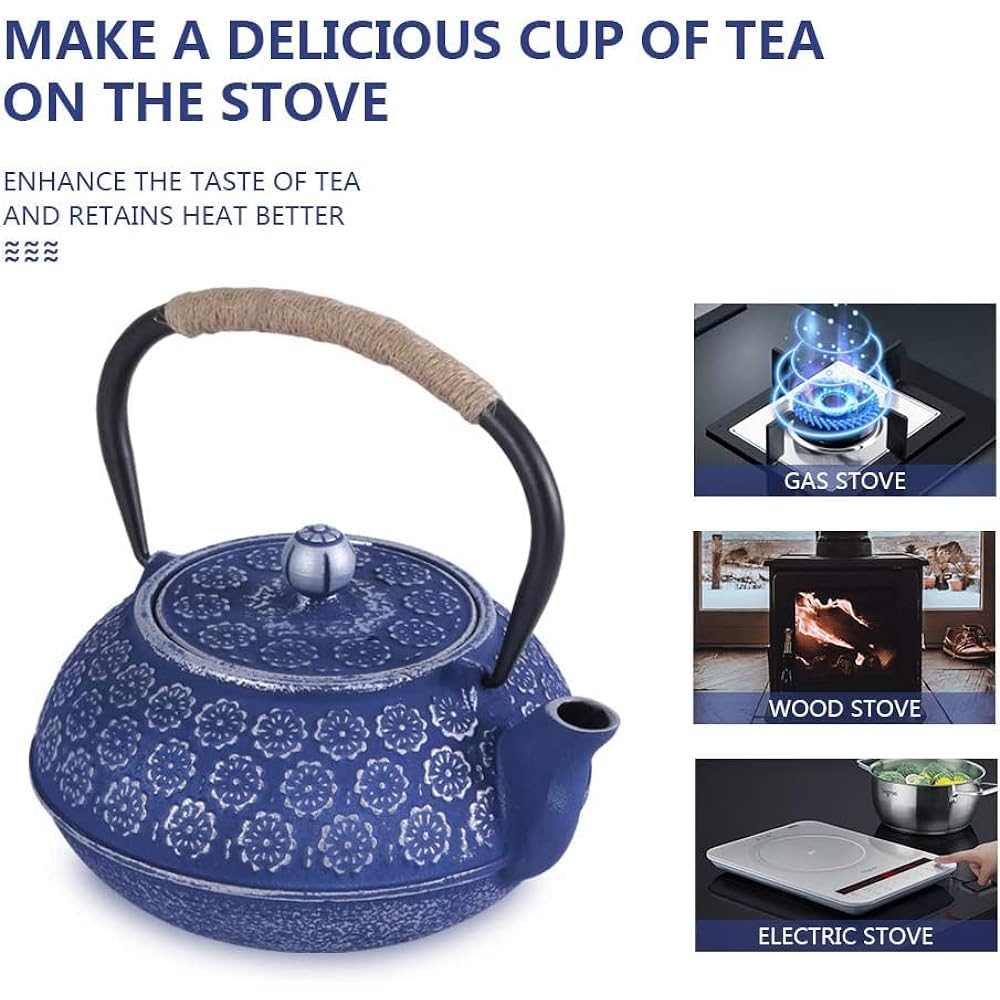 Iron kettle without enamel IH compatible teapot stylish teapot for open fire blue cherry blossom 1000ml