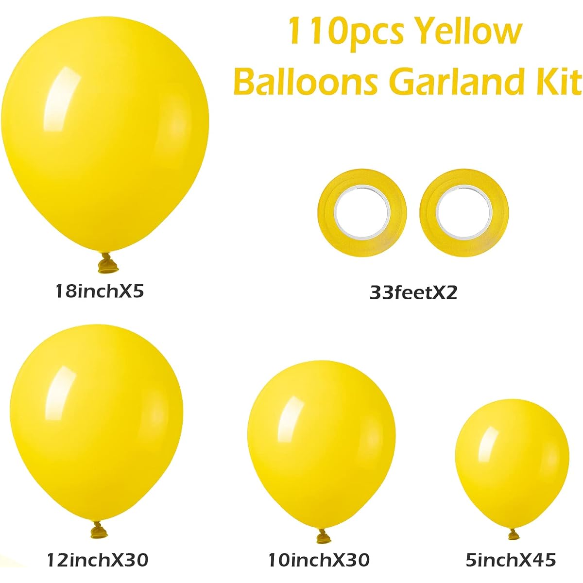110pcs Yellow Balloons 18/12/10/5inch Garland Kit Latex Balloons Different Size Pack for Birthday Halloween Graduation Baby Shower Father's Day Party Decorations