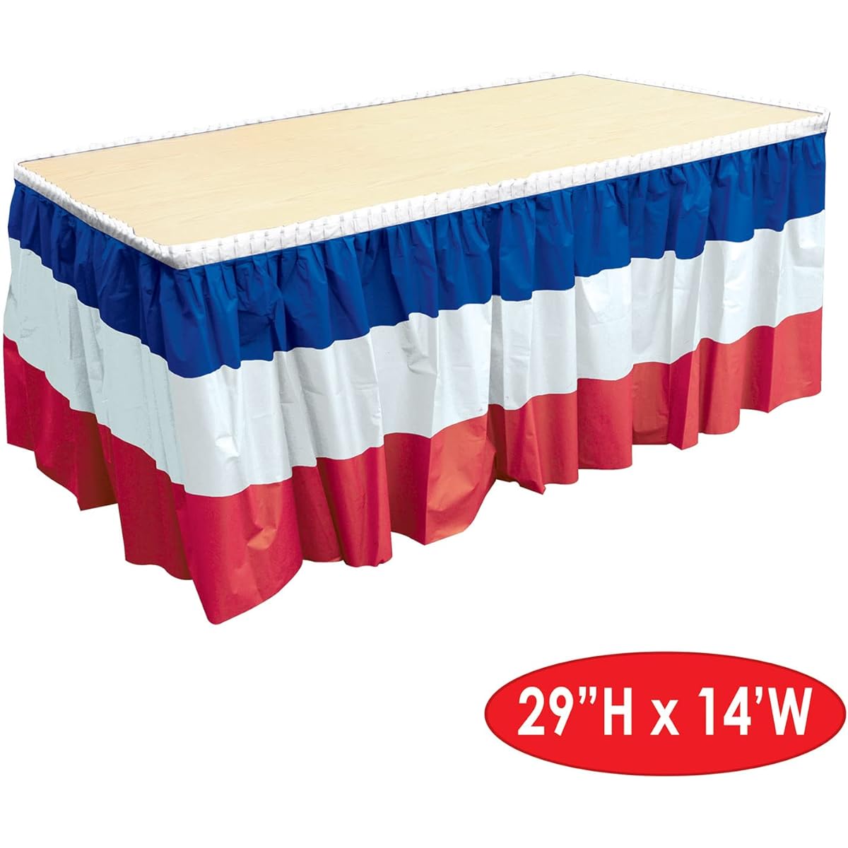 Beistle S52170-RWBAZ2 Plastic Patriotic Table Skirt 2-Piece Self-Adhesive 4th of July Tableware Independence Day Decor 29" x 14' Red/White/Blue