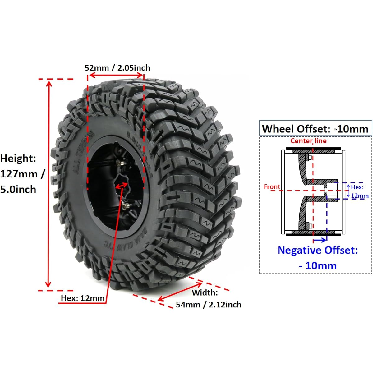 HOBBYSOUL 4pcs RC 2.2 All Terrain Tires Soft Super Grip Sticky Mud Crawler Baja Claw Tires 127mm/5.0inch & Aluminum 2.2 Beadlock Wheels Hex 12mm Rims Green Color