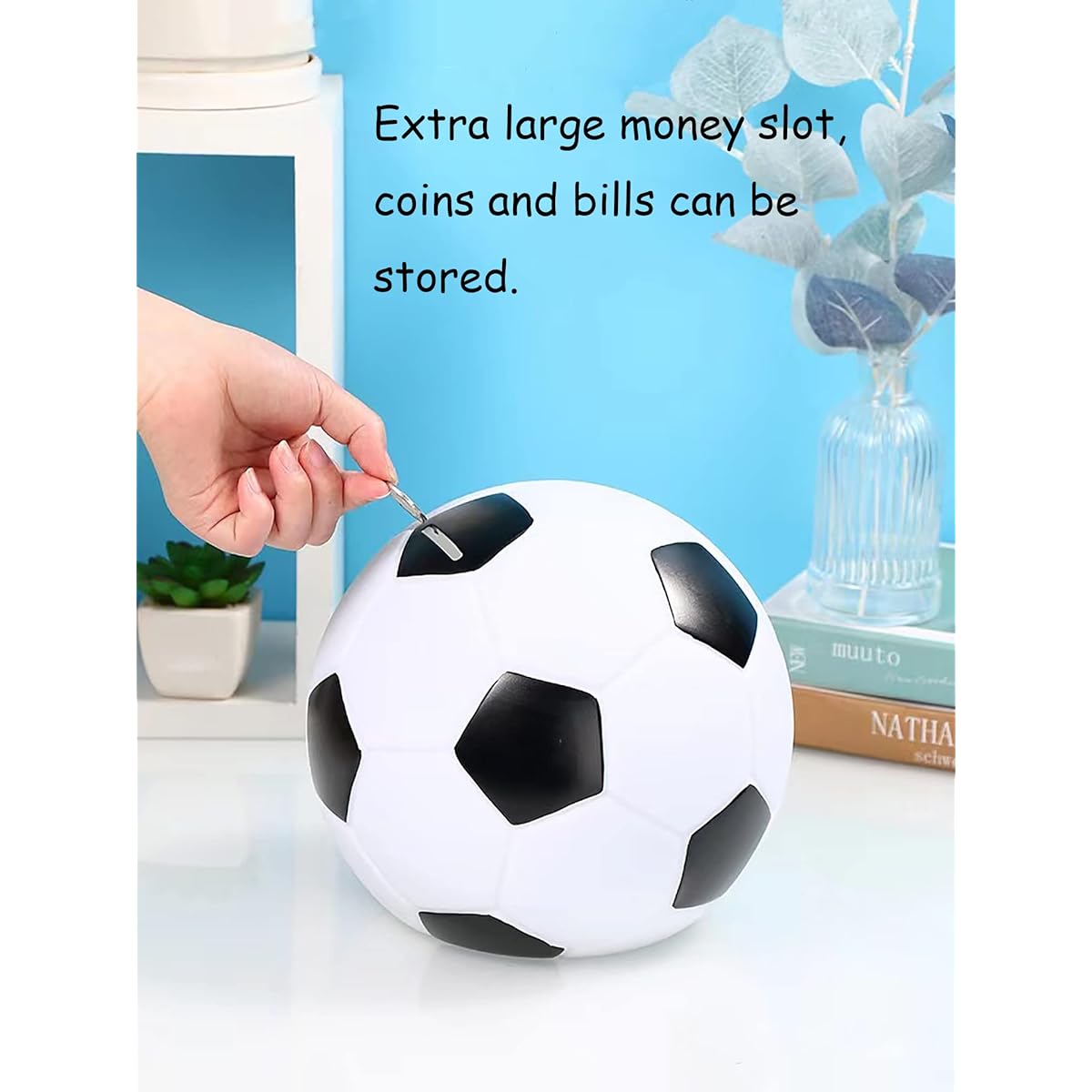 Piggy Bank for Boys, Large Football Coin Bank, Unbreakable Plastic Money Bank Toys for Kids Birthday Soccer Sports Theme Room Home Decoration