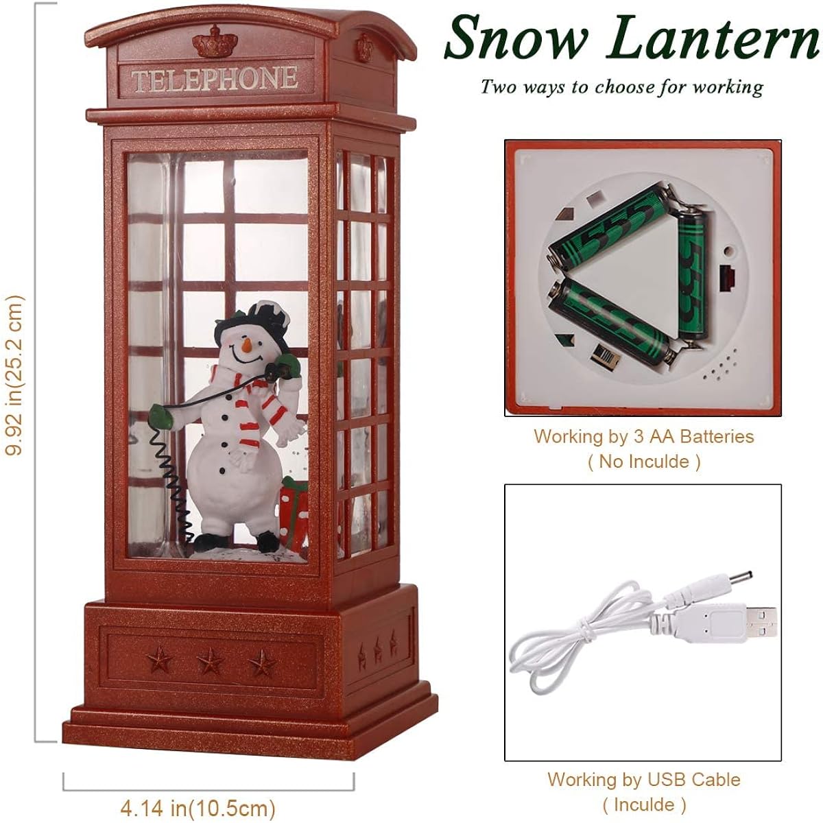 JEDAWN Christmas Lantern Decorative Singing Christmas Snow Globe Musical Lighted Christmas Water Sparkle Swirl Snow Phone Booth Christmas Home Decorations with Gift