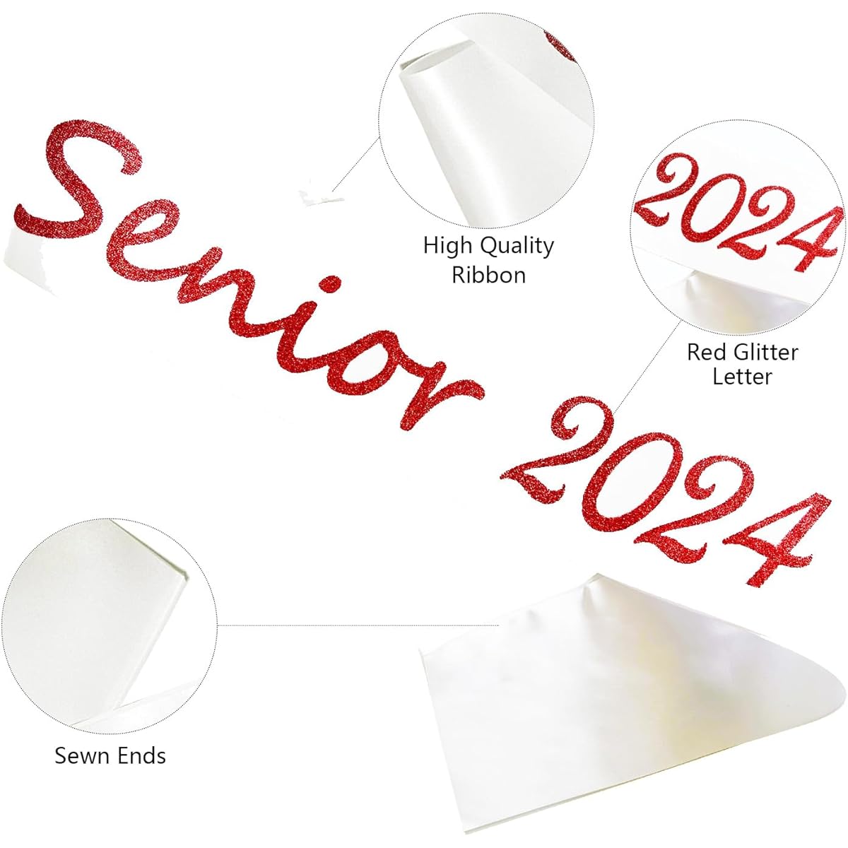 Senior Sash 2024 6 Pack White Senior 2024 Satin Sash with Red Glitter Letters Graduation Senior Cheer Sash Party Supplies