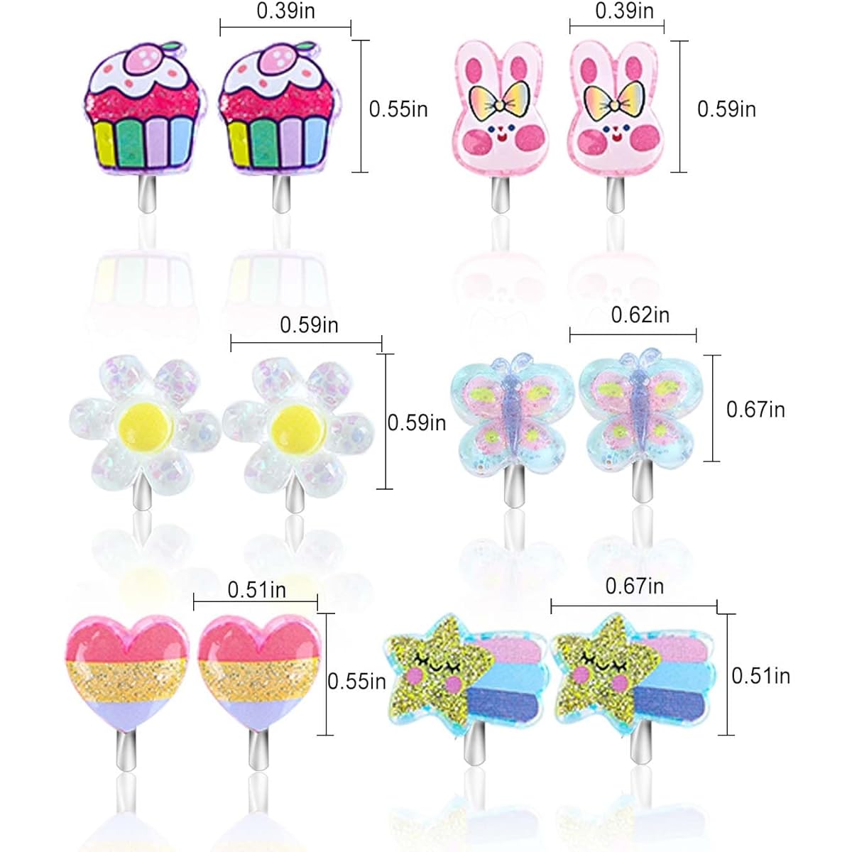 6 Pairs Children's Clip-on Earrings for Girls Cute Rabbit Rainbow Cake Love Heart Flower Butterfly Clip-on Earrings Set for Children's Birthday Gift, Metal, No Jewelry
