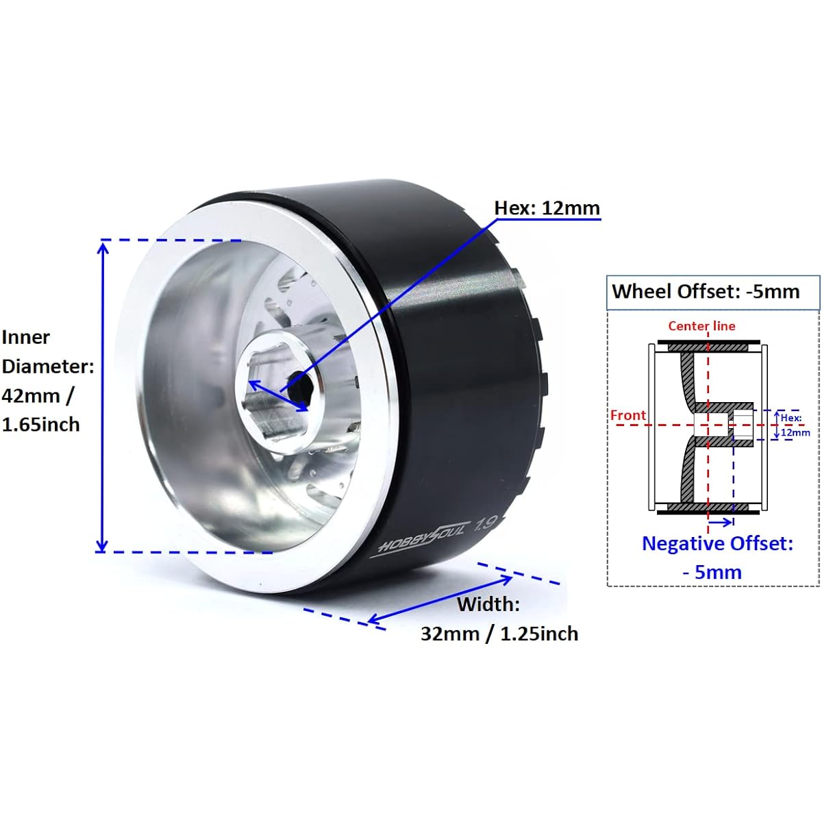 HOBBYSOUL RC Wide 32mm 1.9 Aluminum Beadlock Wheels 1.9 Rim Hex 12mm Silver Black for 1/10 Crawler Truck Traxxas TRX-4 / RC4WD D90 D110 TF2 / Tamiay CC01 / Axial SCX10 / Redcat Gen8 (4 Pack)