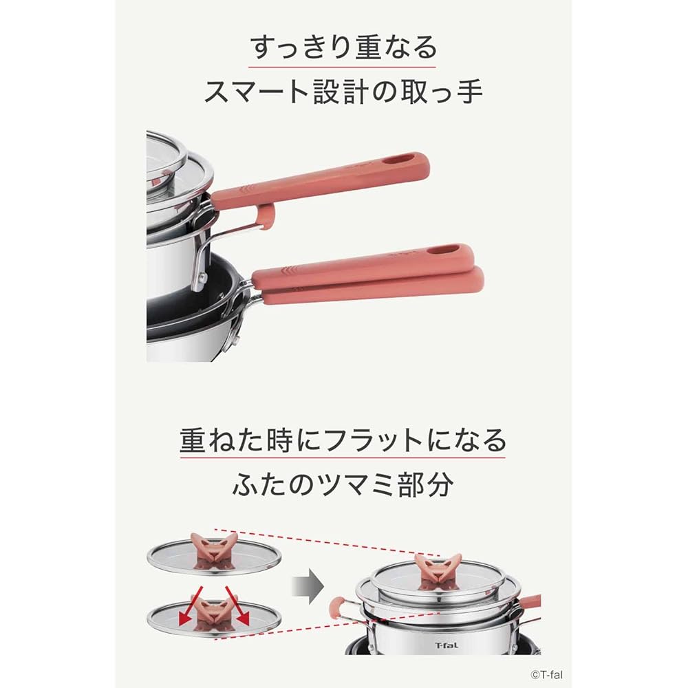 Tefal Pot and Frying Pan Set, 4-piece IH Gas Fire Compatible "Optispace IH Stainless Steel" Non-Stick Stainless Steel G729S4