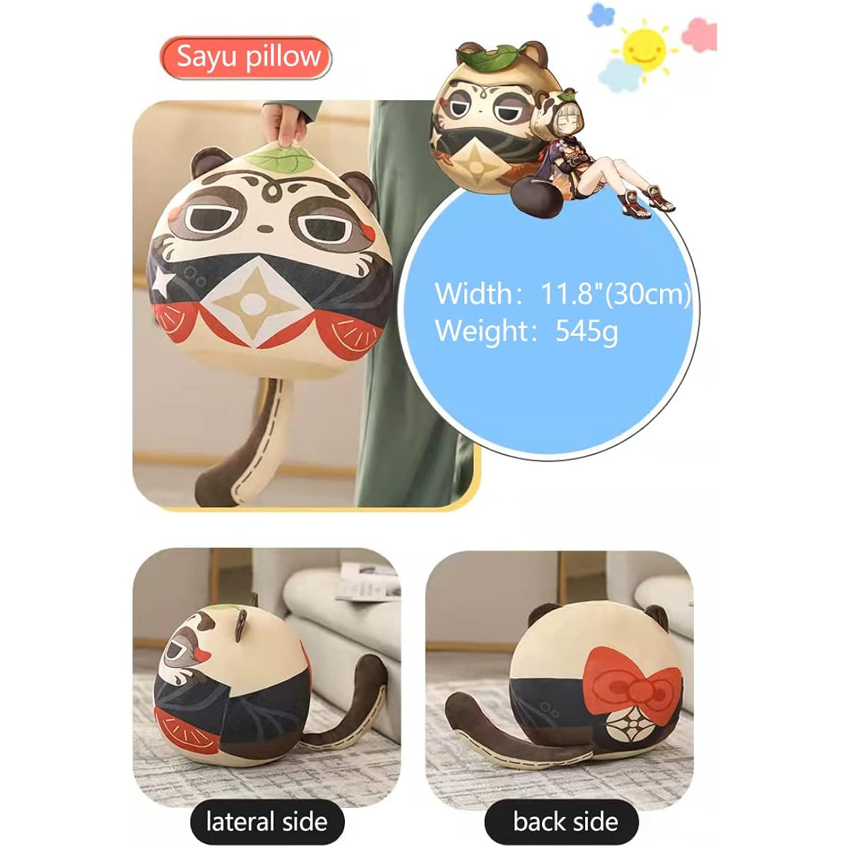 Kalafona Genshin Impact Plush Pillow Hu Tao Sayu Daruma Tumbler 11.8" (30cm) Diameter Round Cute Soft Doll Cosplay Props Game Fans Party Favors Birthday Decorations