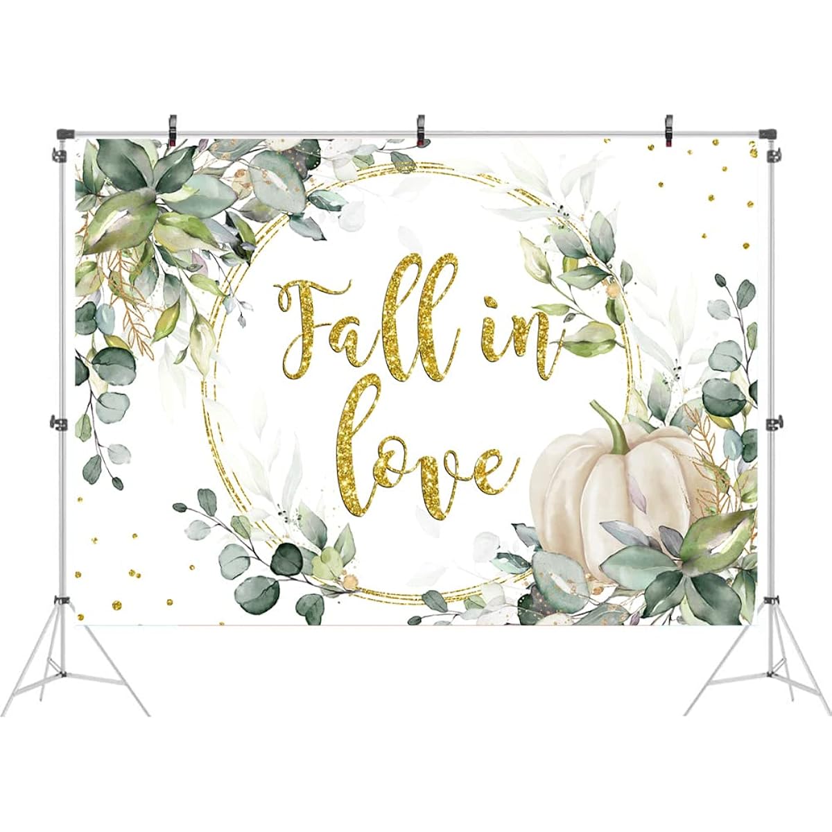 Ticuenicoa Fall in Love Backdrop Fall Wedding Theme Green Eucalyptus Leaves Gold Dots Pumpkin Photography Background Bridal Shower Party Decorations Banner Photo Booth Props 7x5ft
