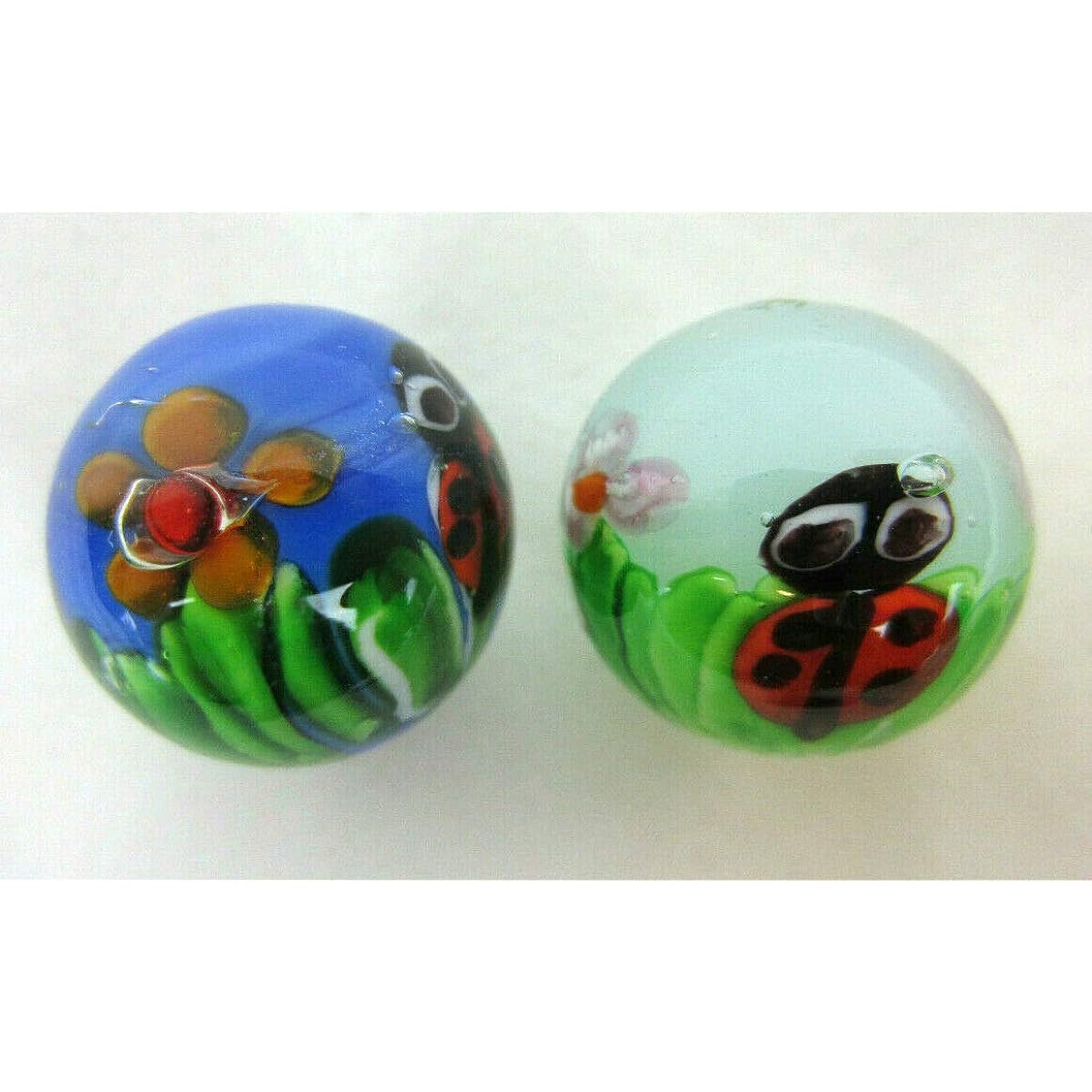 Big Game Toys ~ 2 Ladybirds 16mm Handmade Art Glass Marbles Bugs Insects Ladybug Flower Clear