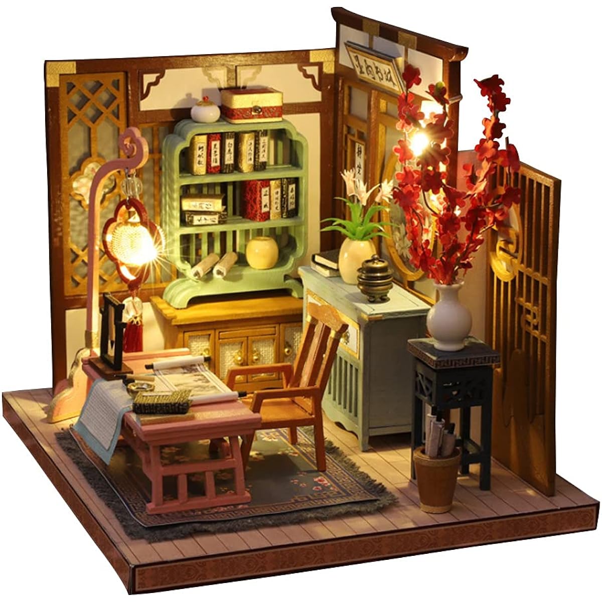 Chinese Art Cottage Model 3D Wooden Miniature Dollhouse Kit 4 Sets Classical Architecture DIY Birthday Present (Painting and Calligraphy Room, No Dust Cover)