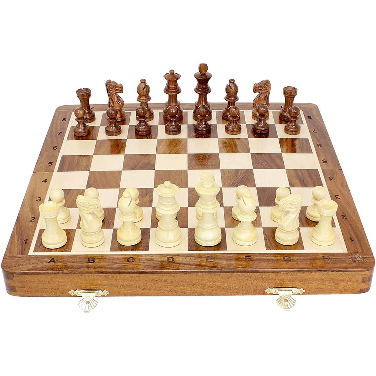 House of Chess - 12" Wooden Magnetic Folding Travel Chess Set/Board - 2 Extra Knights, 2 Extra Pawns, 2 Extra Queens & Algebraic Notation - Handmade - Golden Rosewood