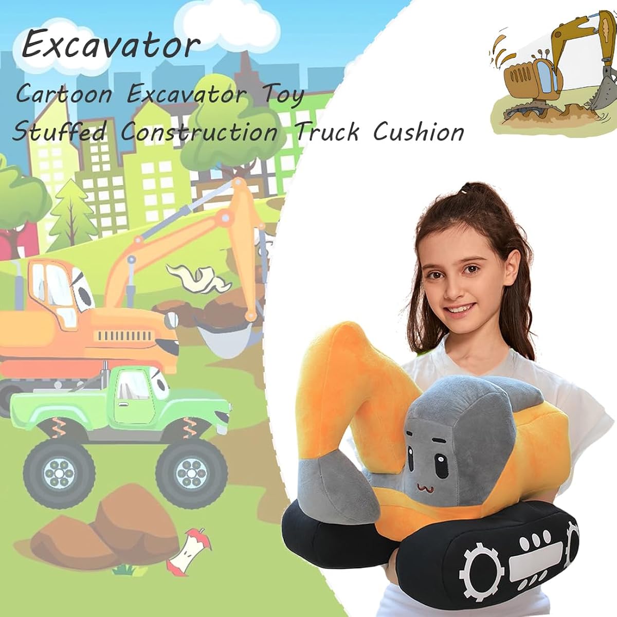ELAINREN Excavator Plush Simulation Truck Car Cute Cartoon Excavator Toy Truck Cushion Stuffed Animal Excavator Car Doll Gift (Red/Blue/Yellow)
