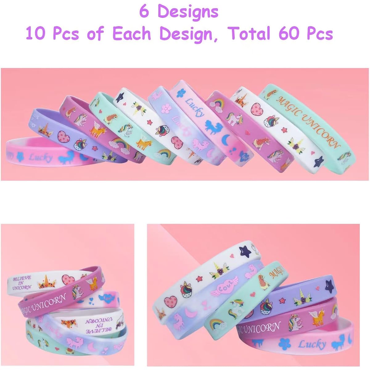 JAKADYUKS 60pcs Unicorn Bracelets Party Favors Birthday Party Supplies Magic Unicorn Theme Party Supplies Silicone Wristbands Goodie Bag Stuffers