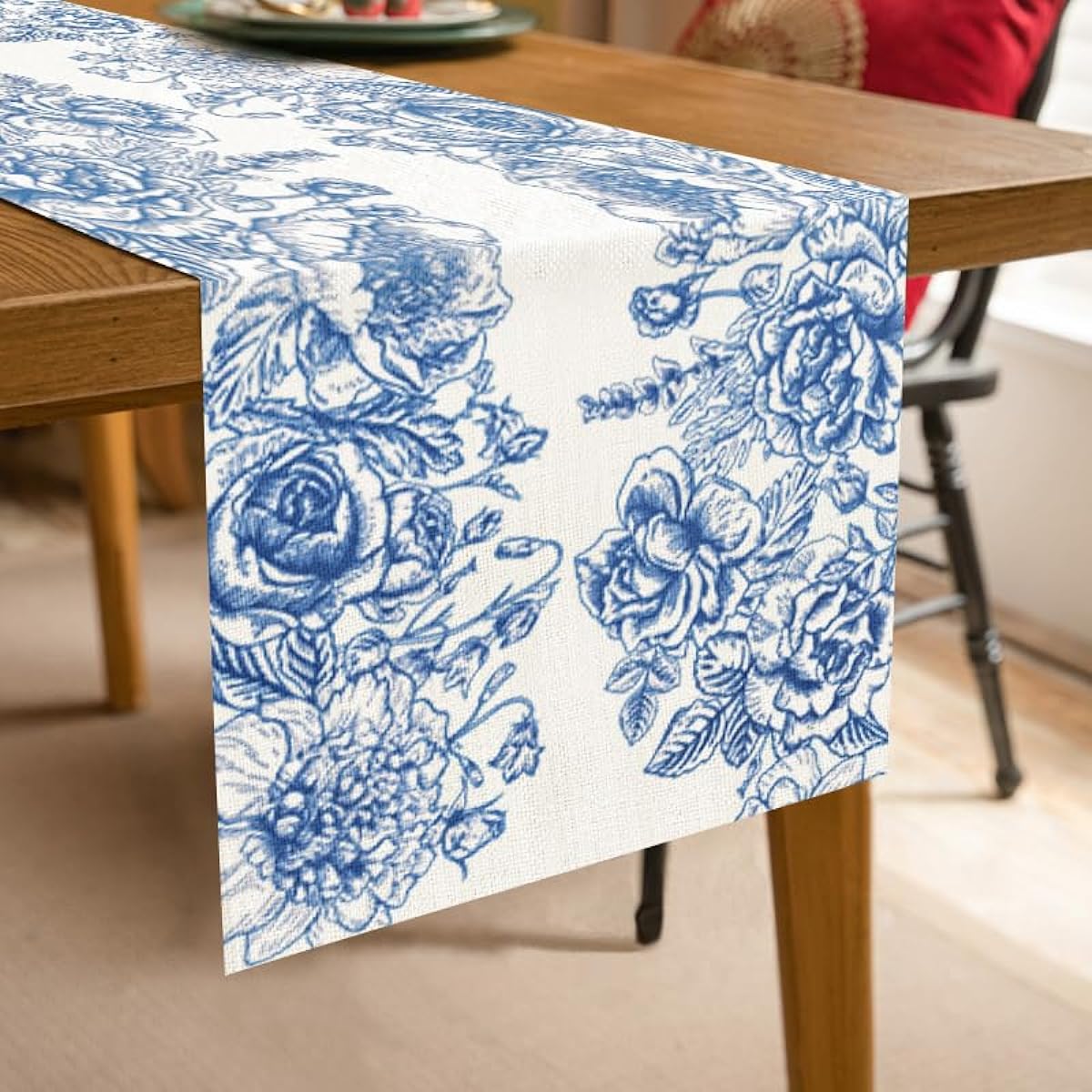 RUSPEPA Table Runner Blue Flower Linen Table Runner for Spring Kitchen Dining Decor Party Table - 13 x 72 Inch - Blue Flower, TR1372-SP-HDBE