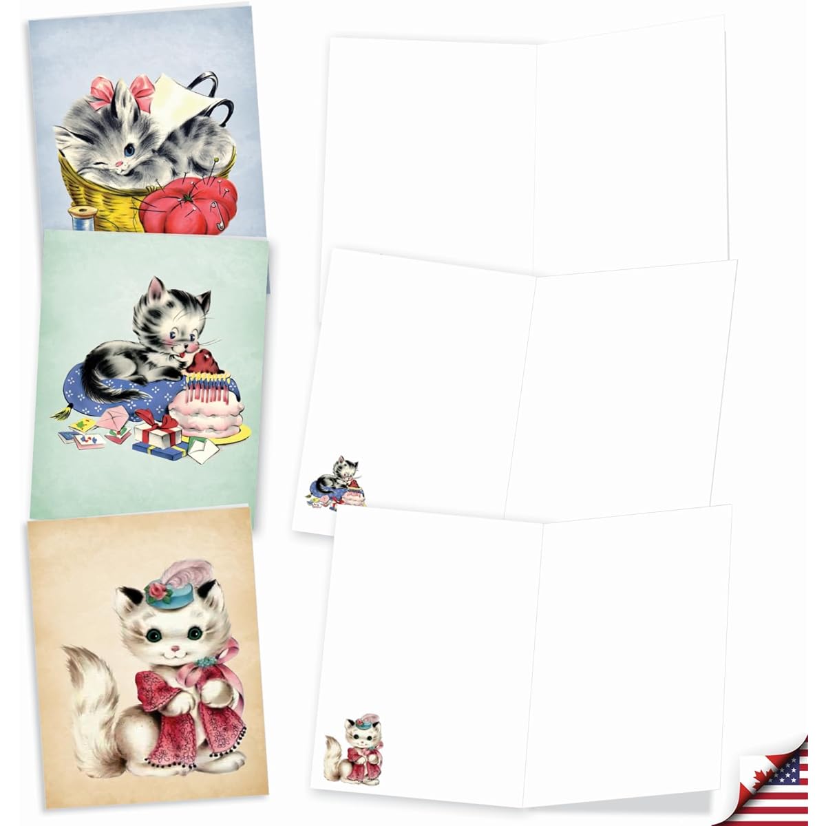 The Best Card Company AM10026OCB-B2x10 Blank Note Cards Box Set with Envelopes (10 Designs, 2 of Each), Vintage Cat, Set of 20