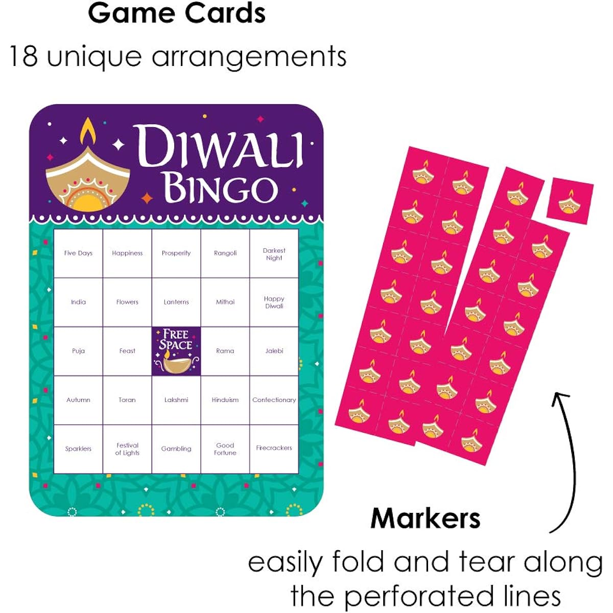 Big Dot of Happiness Happy Diwali - Bingo Cards and Markers - Festival of Light Party Bingo Game - Set of 18