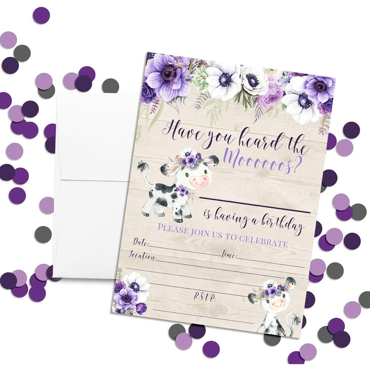 AmandaCreation Watercolor Floral Cow Themed Baby Birthday Party Invitations of 20 5"x7" Cards with 20 White Envelopes