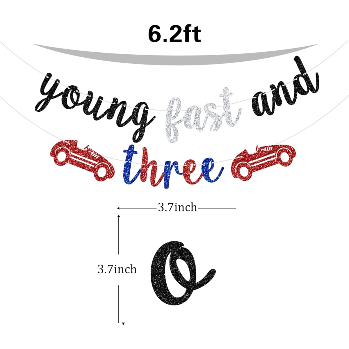 Black Glitter Young Fast and Three Banner for 3rd Birthday/Cheese to Three Race Car Theme 3rd Birthday Party Decorations
