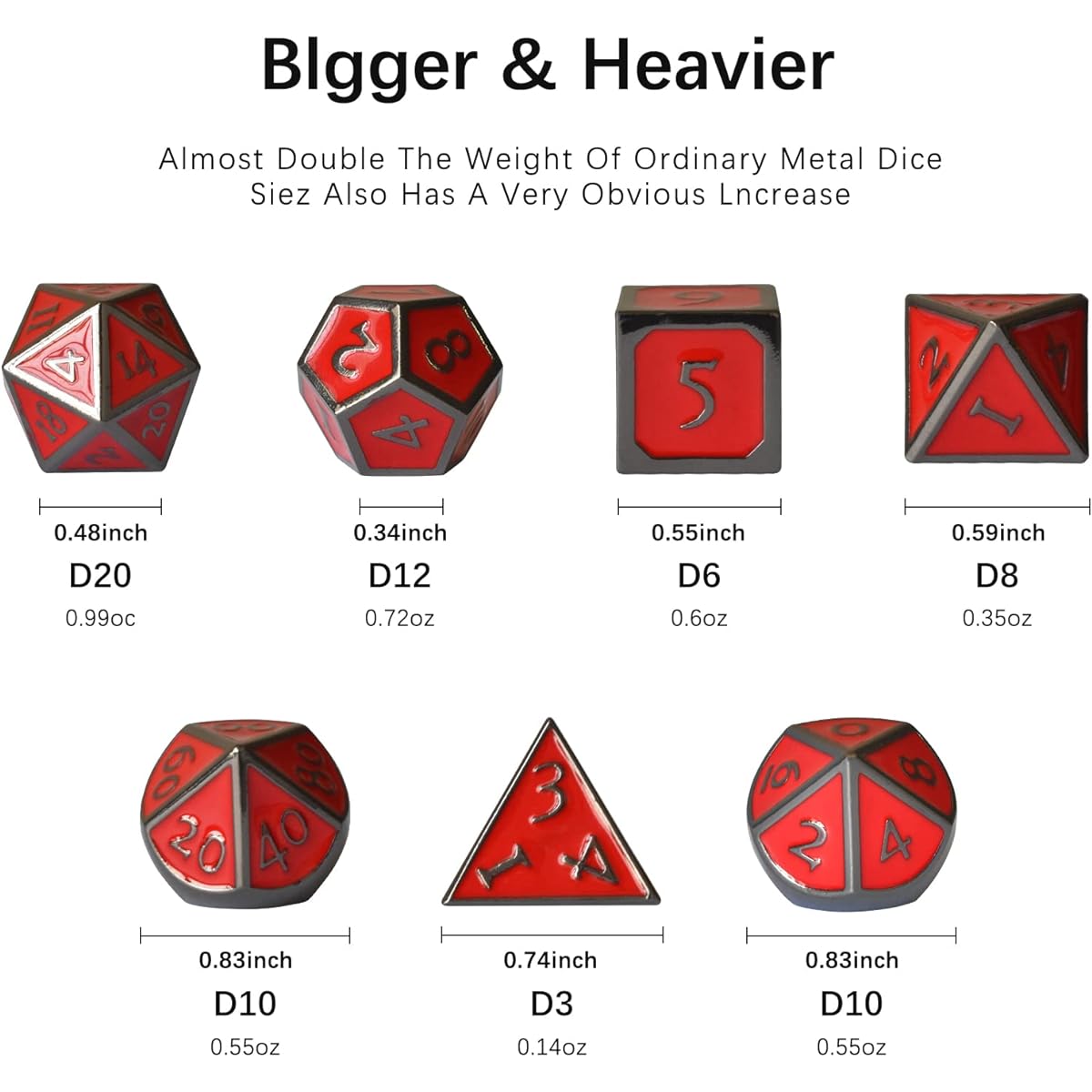 RULE DICE DND Metal Dice Set, 7 Pieces D&D Polyhedral Dice Set with Metal Dice Gift Box for DND Dungeons & Dragons & Role Playing Multiplayer Games (Red/Plated Black)