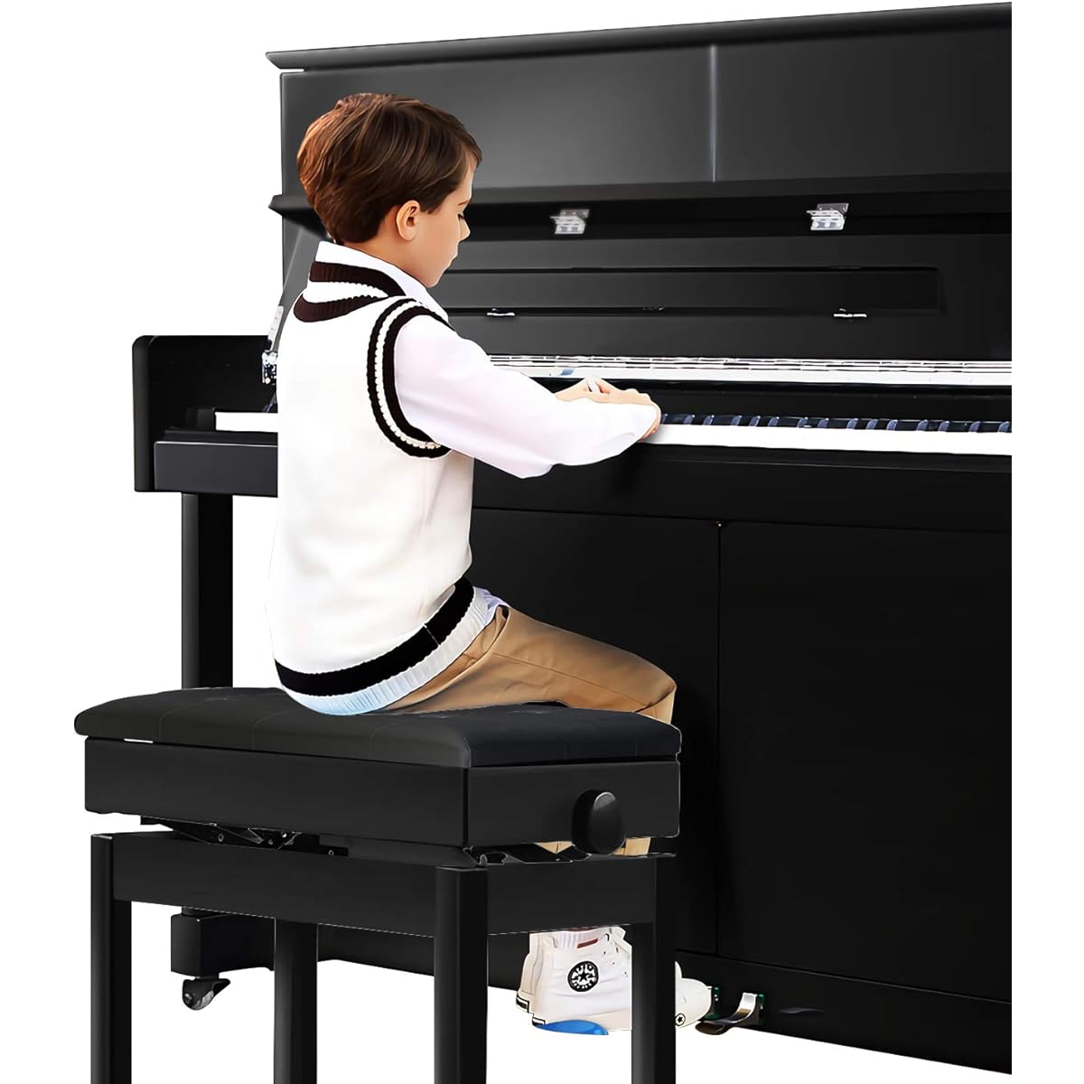 Adjustable Piano Bench Wooden Piano Stool with Music Storage & Adjustable Height - PU Leather and Solid Wood (with Music Storage)