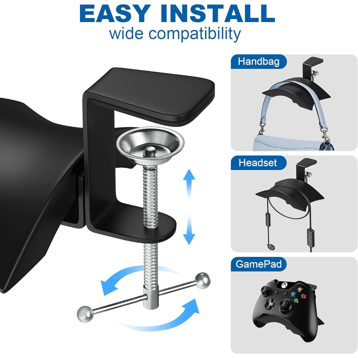 Tandler Headphone Hook Holder for Headsets Hanger Mount Headphone Stand Adjustable Under Desk Design Arched Support Fits Earphones Perfectly without Pressing B-Black