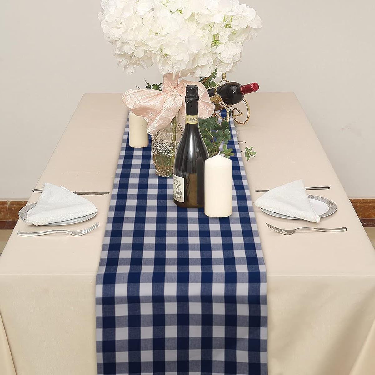 Urban Villa Table Runner 100% Cotton Fused Table Runner 14" x 72" Oversized Blue/White Buffalo Check Table Runner Heavier Quality Table Runner 14" x 72" Blue/White Check