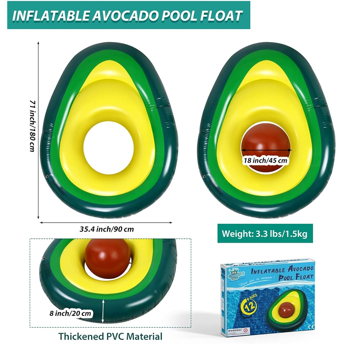 Tounature Inflatable Avocado Pool Float with Ball Large Inflatable Toy Water Play Inflatable Summer Beach Float Swimming Float Party Toy Lounge Raft for Adults
