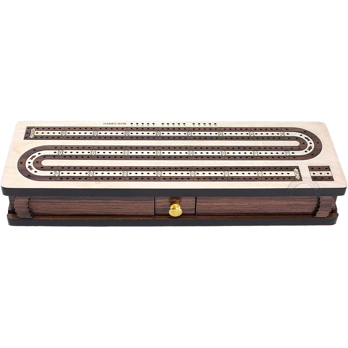 House of Cribbage - Continuous Cribbage Board / Box Maple Wood / Rosewood / Maple - 3 Tracks - Slide Lid & Drawer Storage for Cards & Pegs