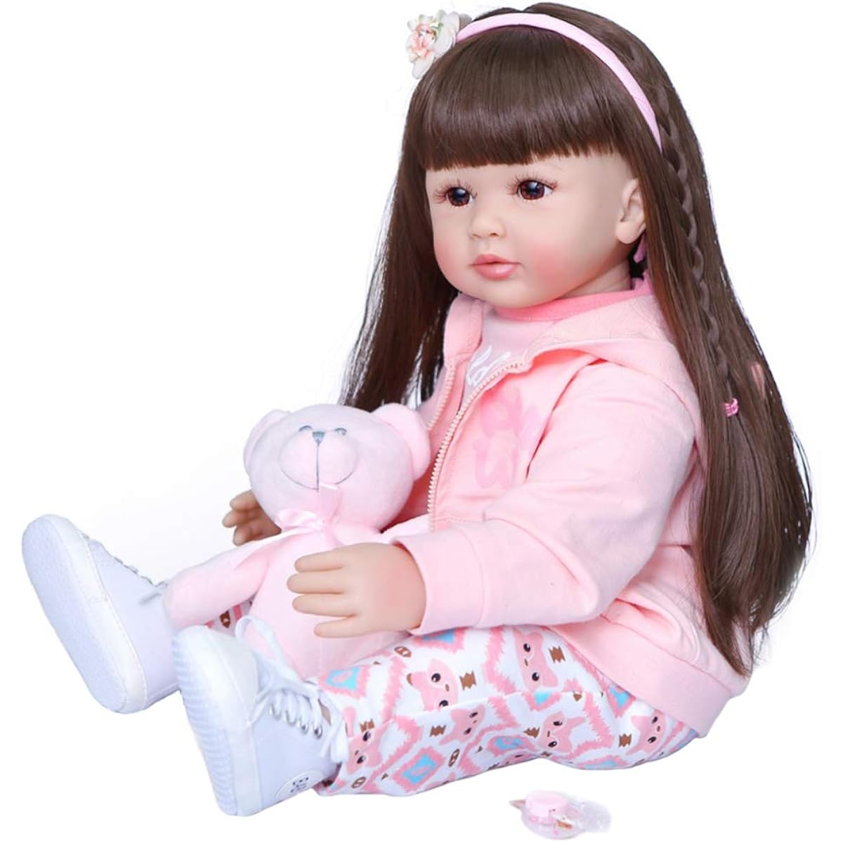 60cm Realistic Soft Silicone Reborn Toddler Girl Doll Lifelike Newborn Baby Doll Girl Gift Reborn Doll Baby Toy,Brown Hair
