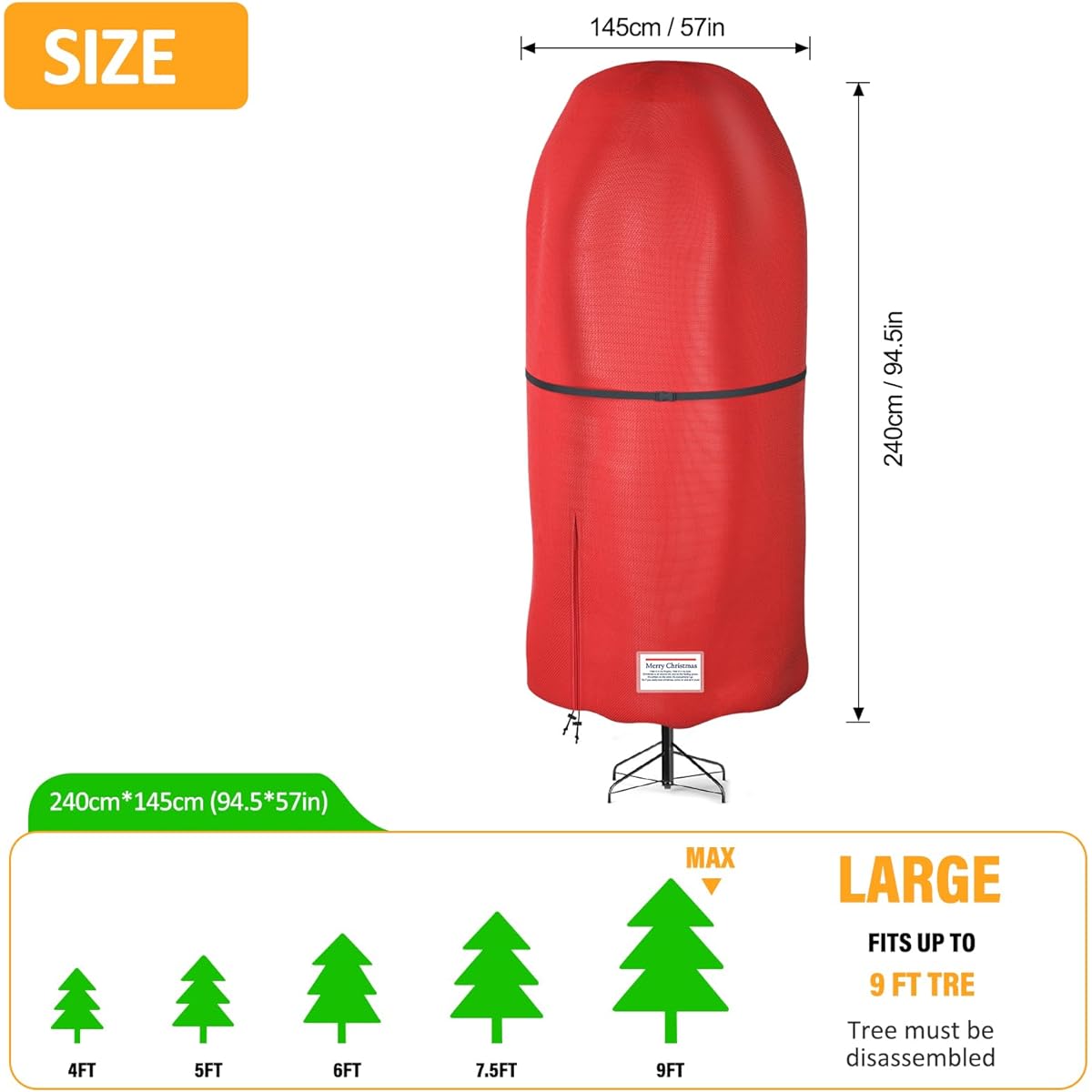 Riuog Upright Christmas Tree Storage Bag, Tear Resistant Adjustable Christmas Tree Storage Bag for 9ft Assembled Tree (Red)