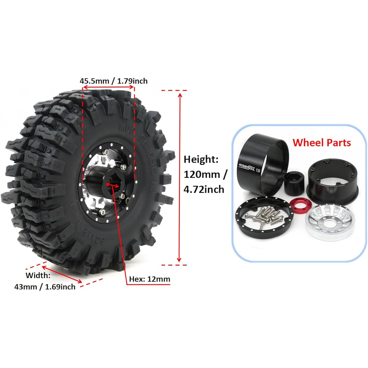 HOBBYSOUL RC Adjustable 4 Minus Offset 1.9 Beadlock Wheels & 1.9 Mud Slinger Tires Black Silver 12 Spokes 1.9 Rim Tires for 1:10 Crawler TRX4 SCX10 Gen8 (4 Pack)