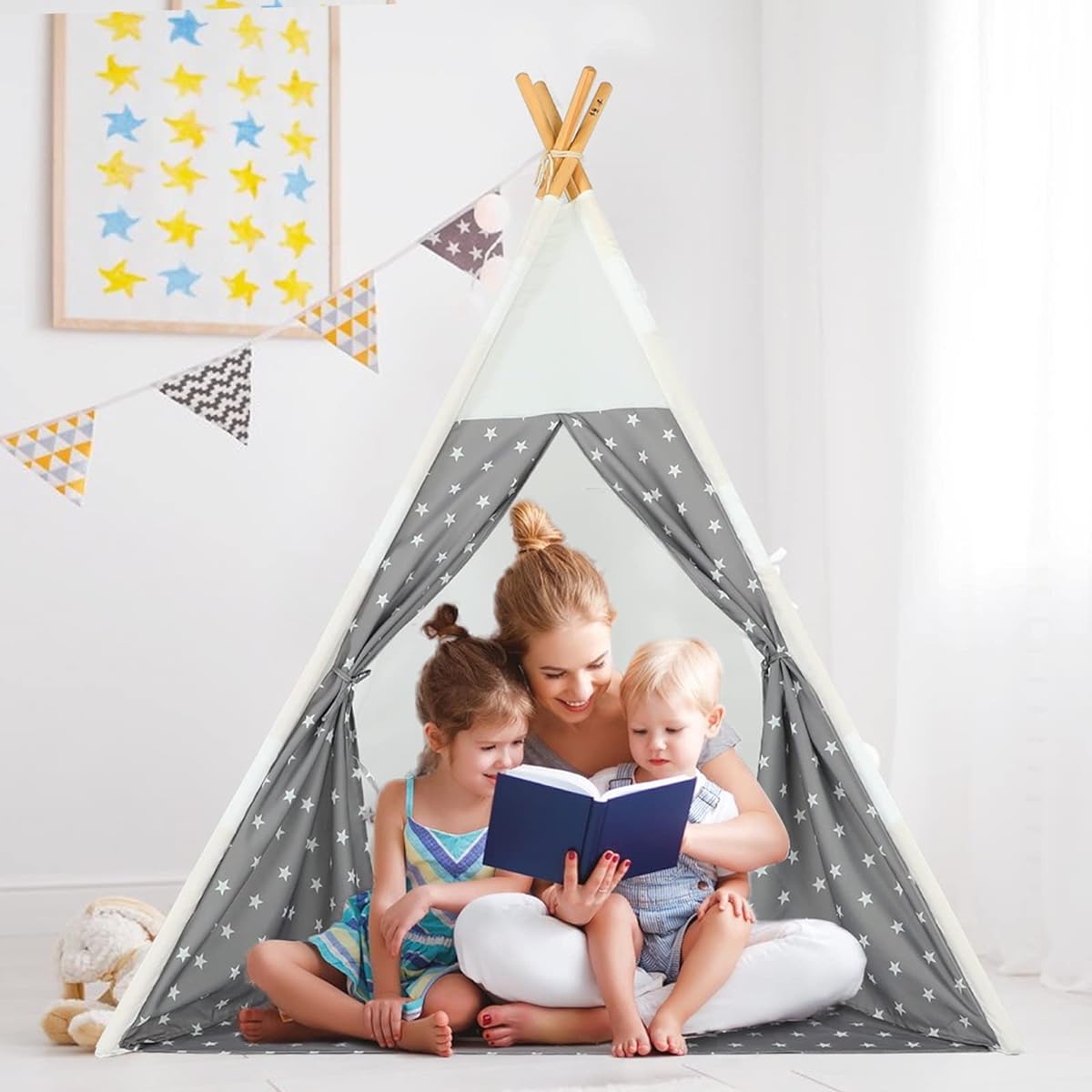 SISTICKER Children's Teepee Tent with Cute Gray Star Pattern - Kids Gifts for Girls and Boys Children's Toys Foldable Large Playhouse for Indoor and Outdoor Use