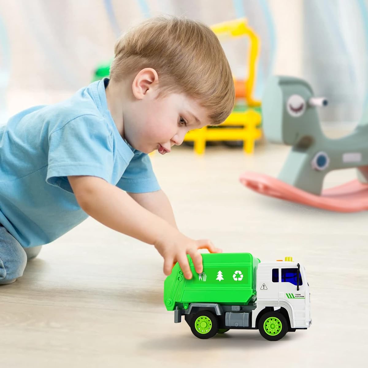 Garbage Truck Toy Friction Powered Garbage Truck Toy with Lights and Sounds Recycling Truck for Toddlers Kids Boys Girls