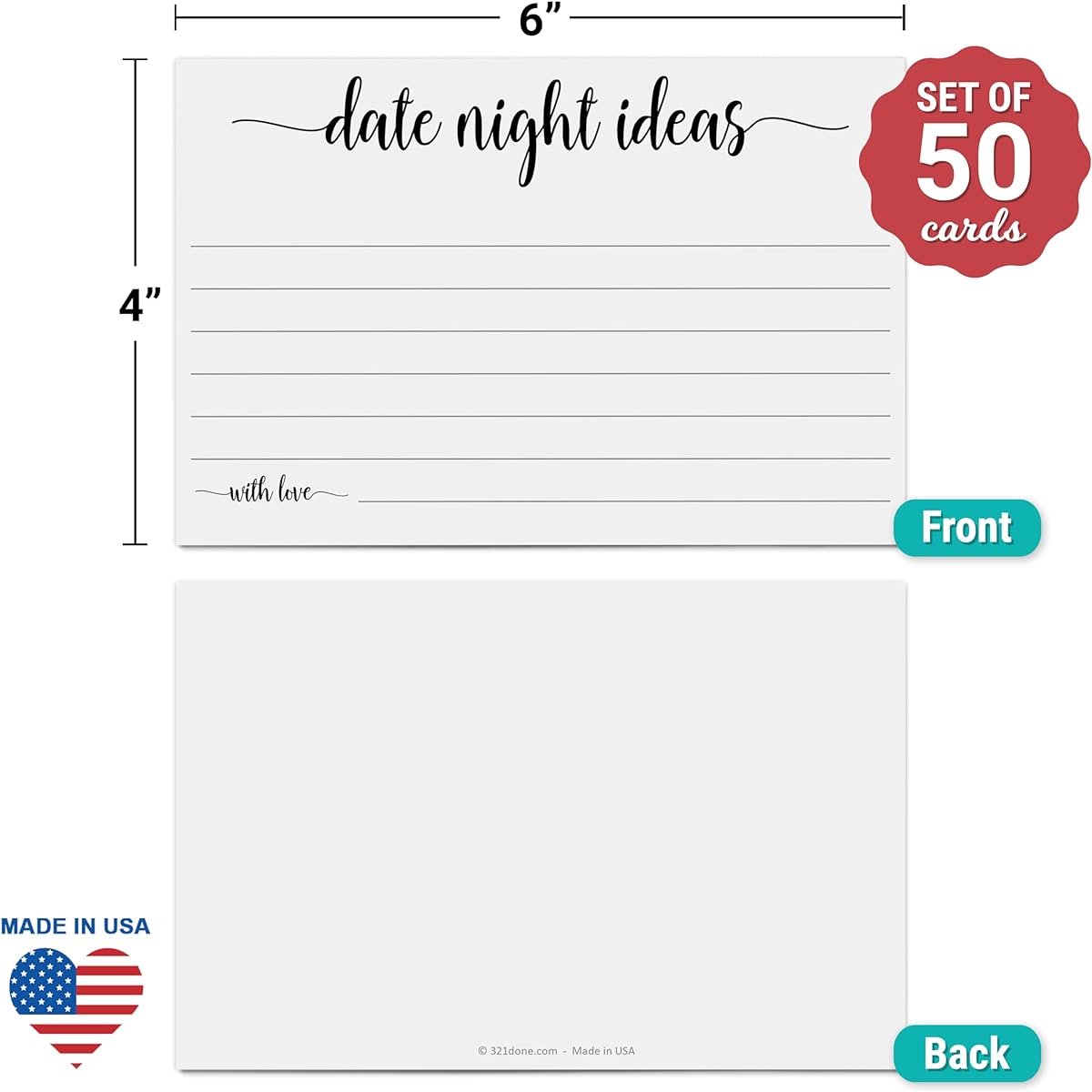 321Done Day Night Ideas (50 Cards) 4" x 6" Wedding Anniversary Bridal Shower Game Large White Made in the USA